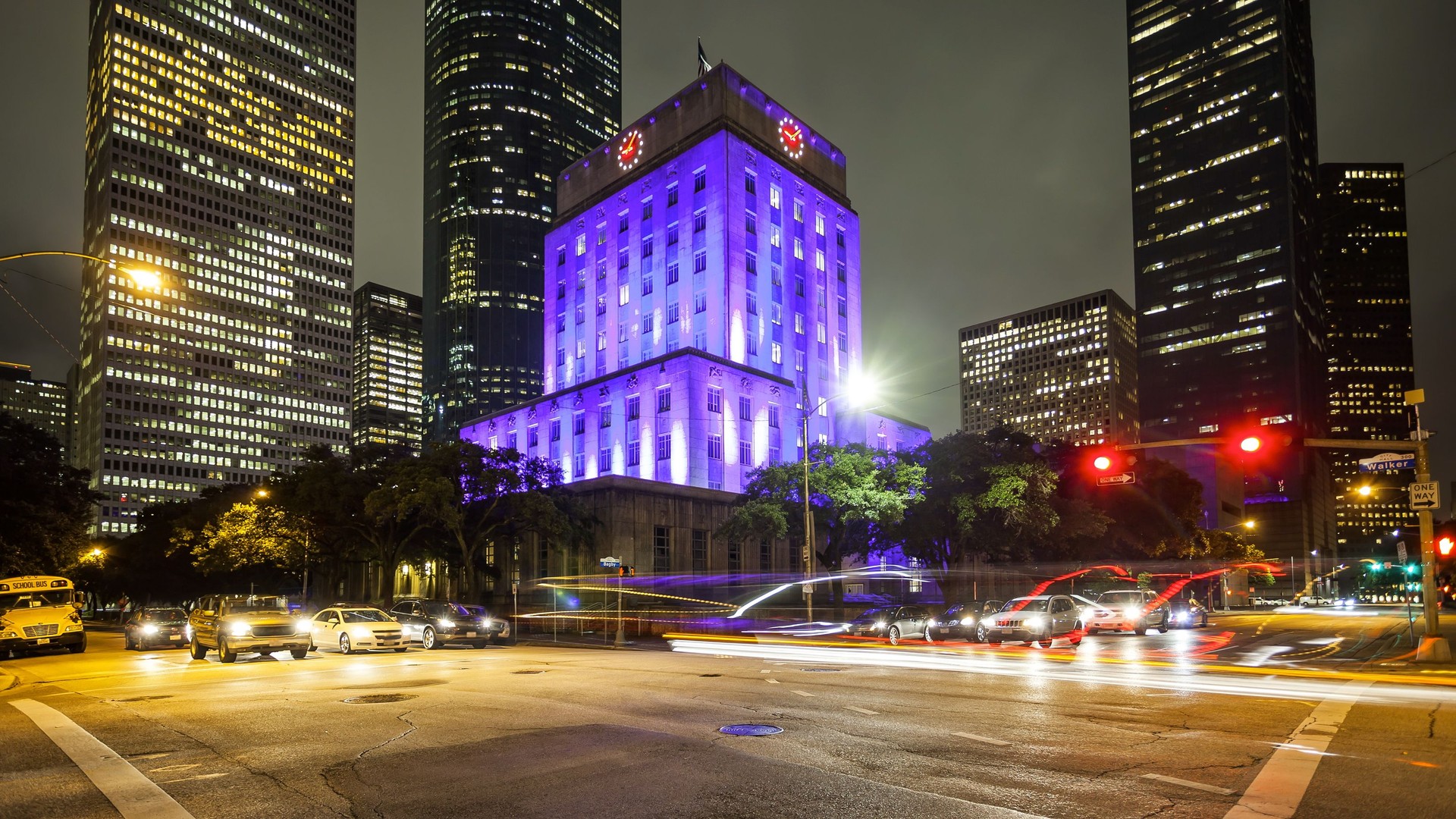Houston City Hall & Traffic at Night in Houston, Texas
