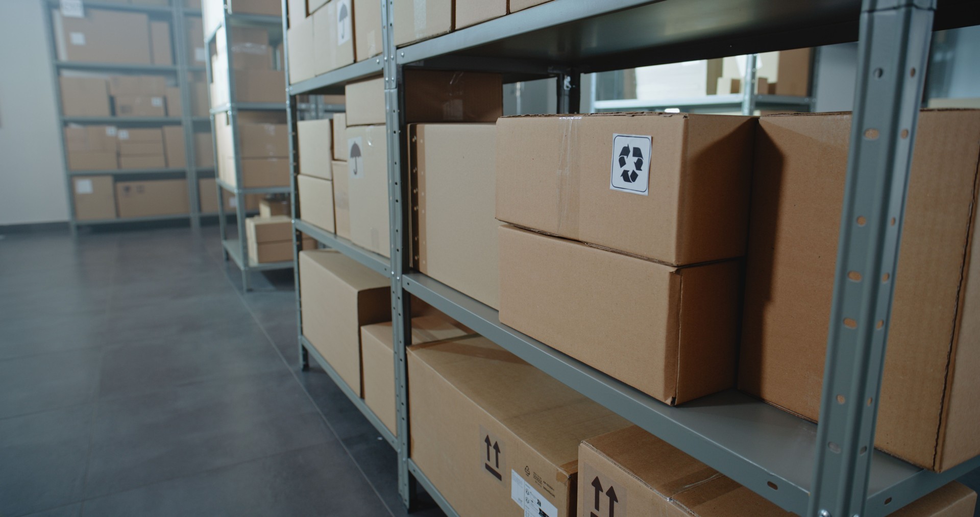 Postal Sorting Center with E-Commerce Goods in Cardboard Boxes on Shelves